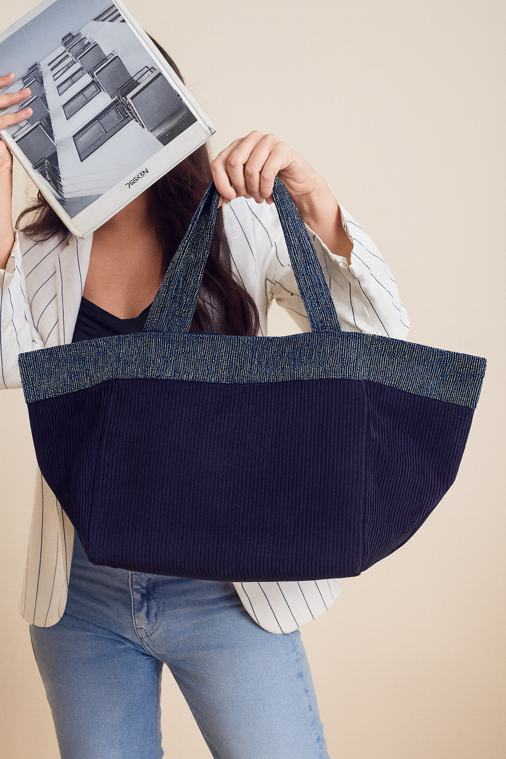 Ganga Bag – Navy Corduroy Tote with Sequin Trim