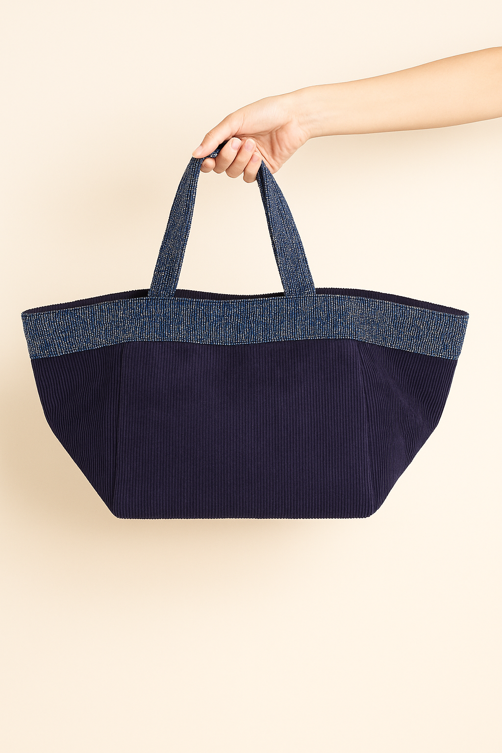 Ganga Bag – Navy Corduroy Tote with Sequin Trim