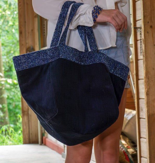 Ganga Bag – Navy Corduroy Tote with Sequin Trim