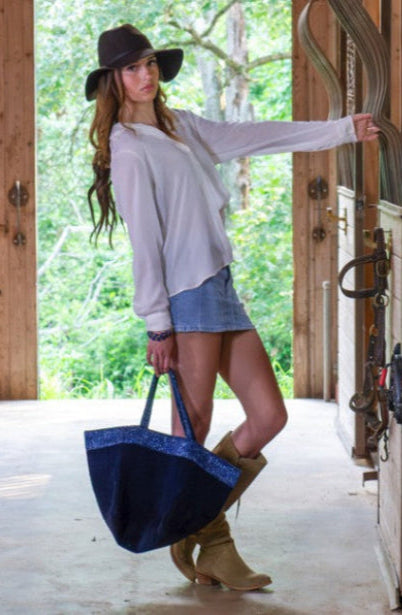 Ganga Bag – Navy Corduroy Tote with Sequin Trim